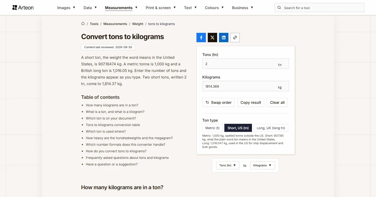 Arteon free tool screenshot: Convert tons to kilograms
