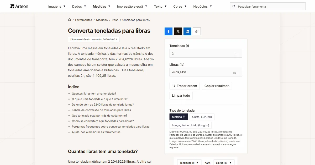 Captura de ecrã da ferramenta gratuita da Arteon: Converta toneladas para libras