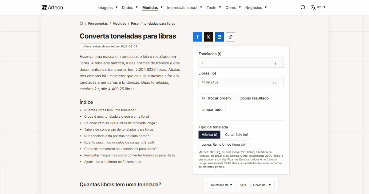 Captura de ecrã da ferramenta gratuita da Arteon: Converta toneladas para libras