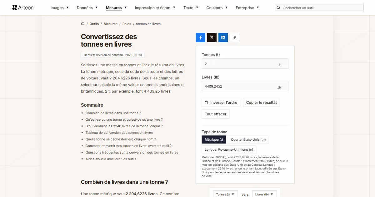 Capture d'écran de l'outil gratuit d'Arteon: Convertissez des tonnes en livres