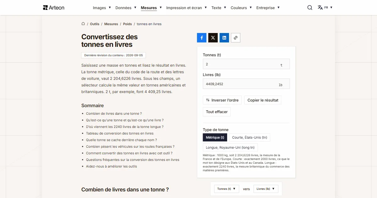 Capture d'écran de l'outil gratuit d'Arteon: Convertissez des tonnes en livres