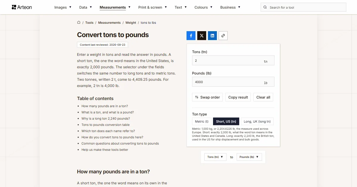 Arteon free tool screenshot: Convert tons to pounds