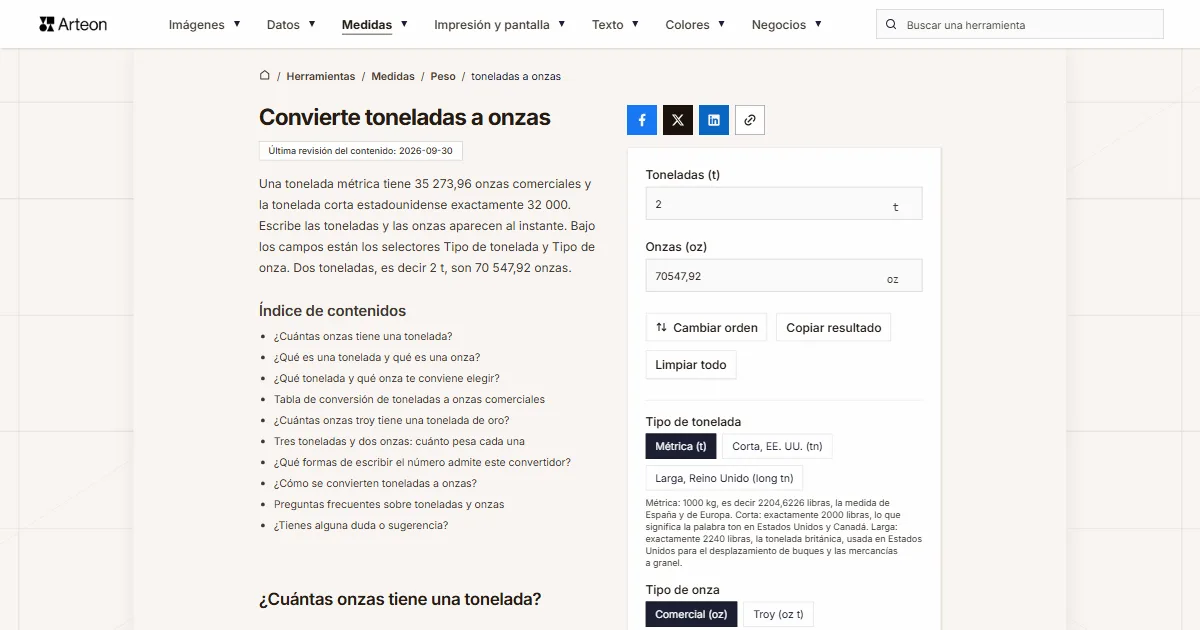 Captura de pantalla de la herramienta gratuita de Arteon: Convierte toneladas a onzas