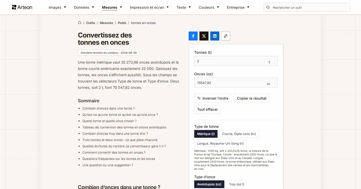 Capture d'écran de l'outil gratuit d'Arteon: Convertissez des tonnes en onces