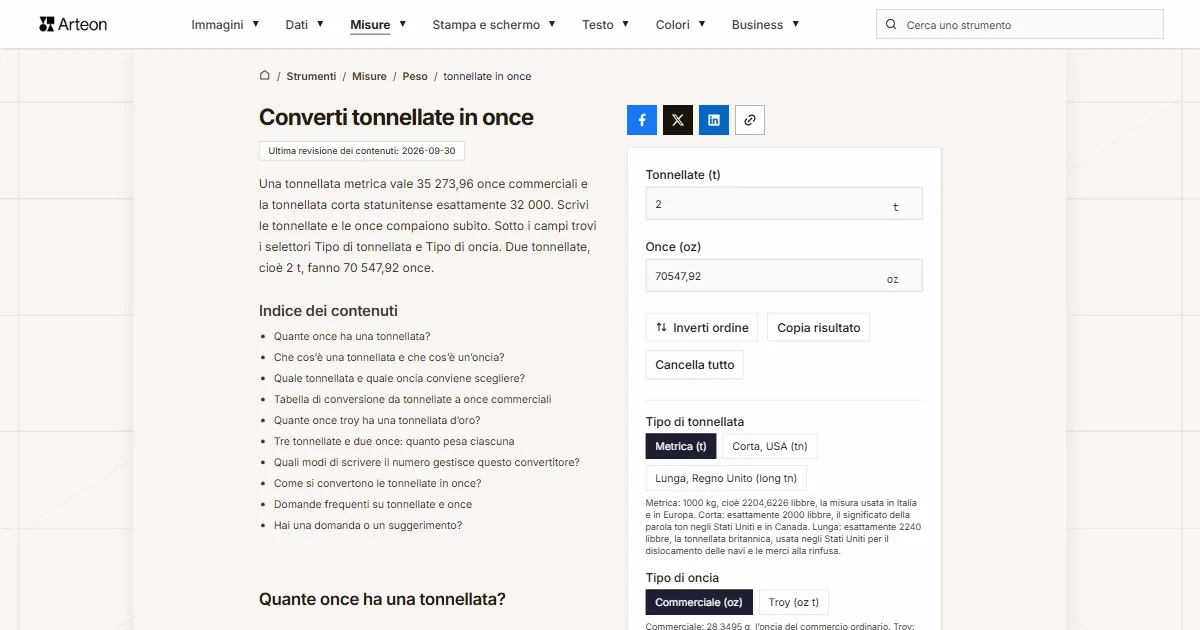 Screenshot dello strumento gratuito Arteon: Converti tonnellate in once