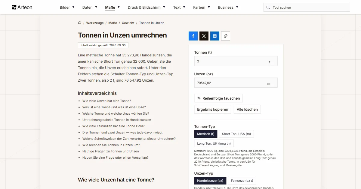 Screenshot des kostenlosen Arteon-Werkzeugs: Tonnen in Unzen umrechnen