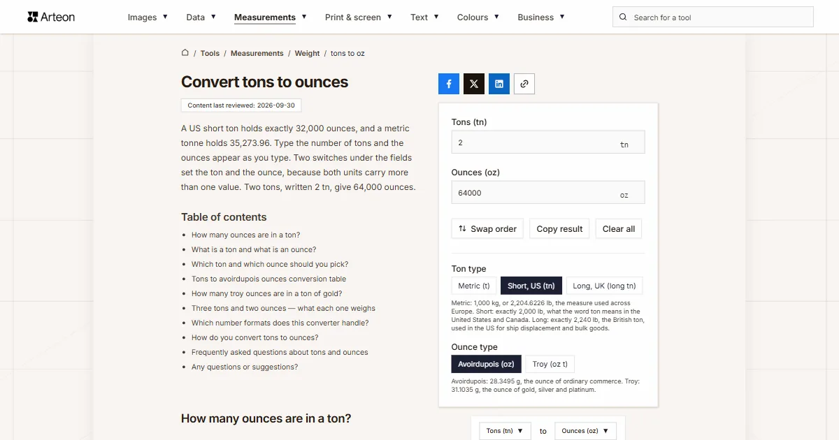 Arteon free tool screenshot: Convert tons to ounces