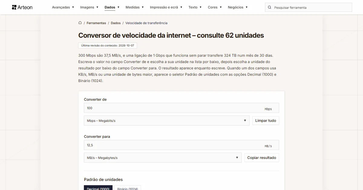 Captura de ecrã da ferramenta gratuita da Arteon: Conversor de velocidade da internet – consulte 62 unidades