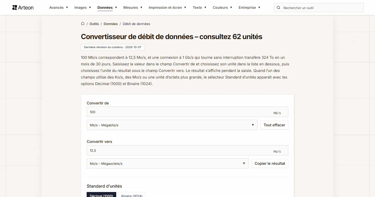 Capture d'écran de l'outil gratuit d'Arteon: Convertisseur de débit de données – consultez 62 unités