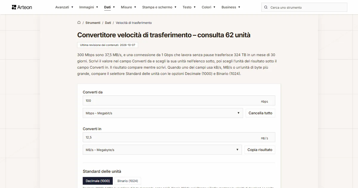 Screenshot dello strumento gratuito Arteon: Convertitore velocità di trasferimento – consulta 62 unità