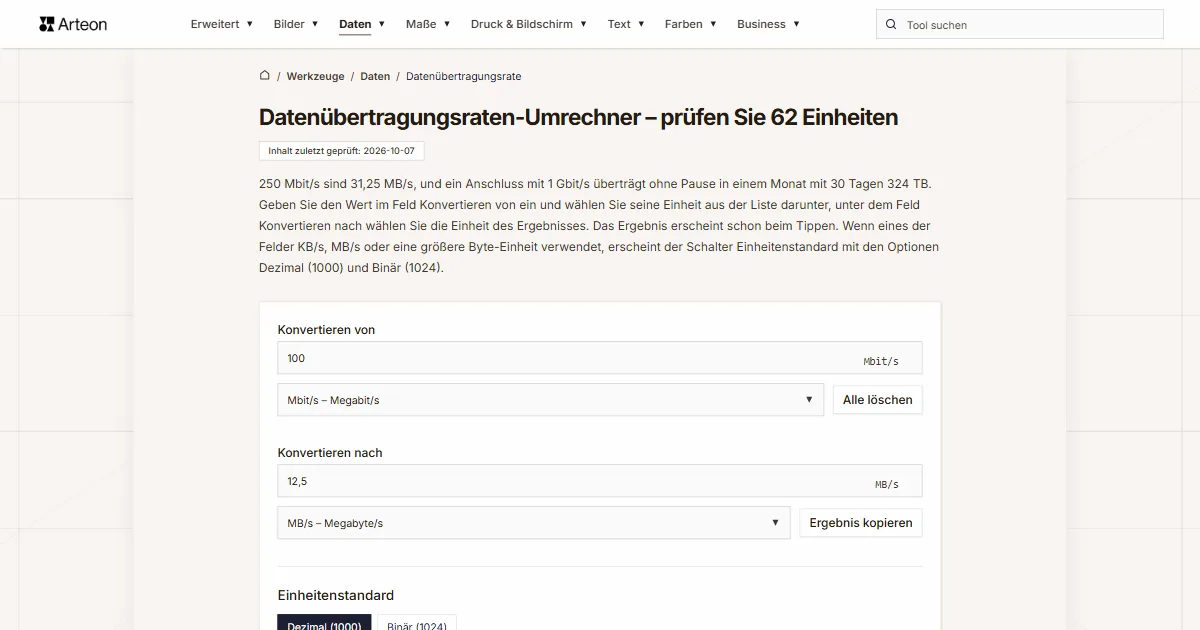 Screenshot des kostenlosen Arteon-Werkzeugs: Datenübertragungsraten-Umrechner – prüfen Sie 62 Einheiten