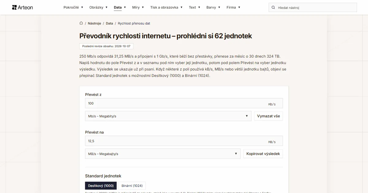 Snímek obrazovky bezplatného nástroje Arteon: Převodník rychlosti internetu – prohlédni si 62 jednotek