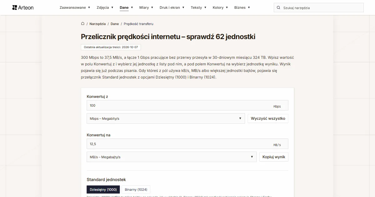Zrzut ekranu darmowego narzędzia Arteon: Przelicznik prędkości internetu – sprawdź 62 jednostki