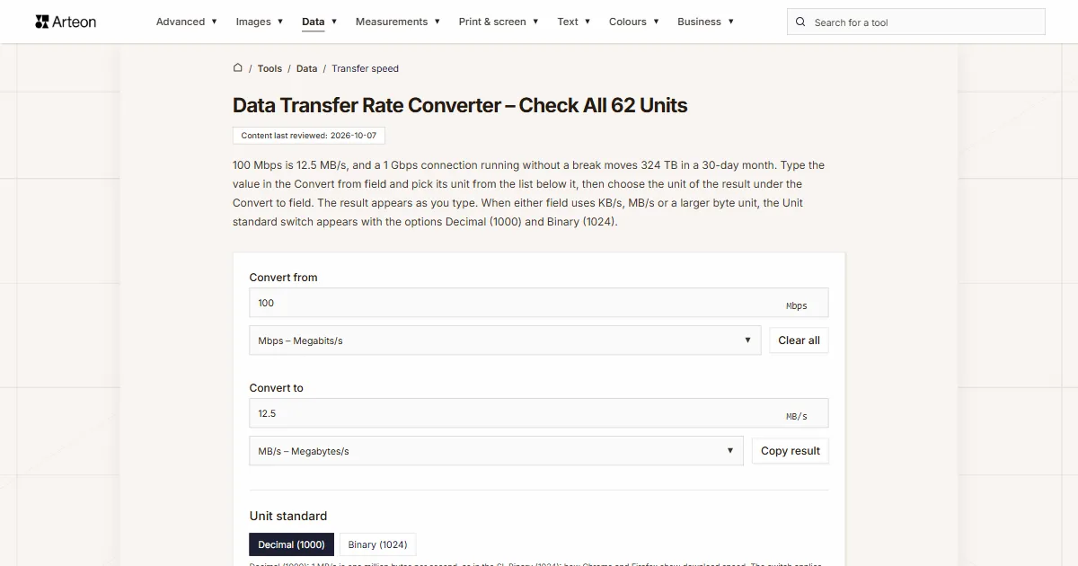 Arteon free tool screenshot: Data Transfer Rate Converter – Check All 62 Units