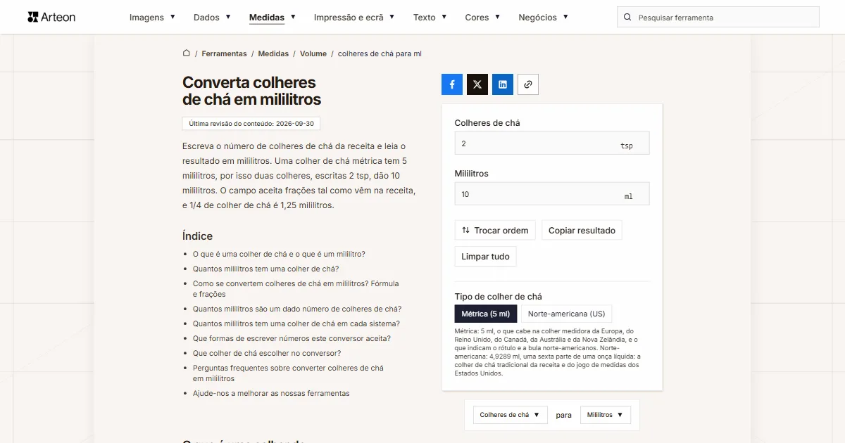 Captura de ecrã da ferramenta gratuita da Arteon: Converta colheres de chá em mililitros