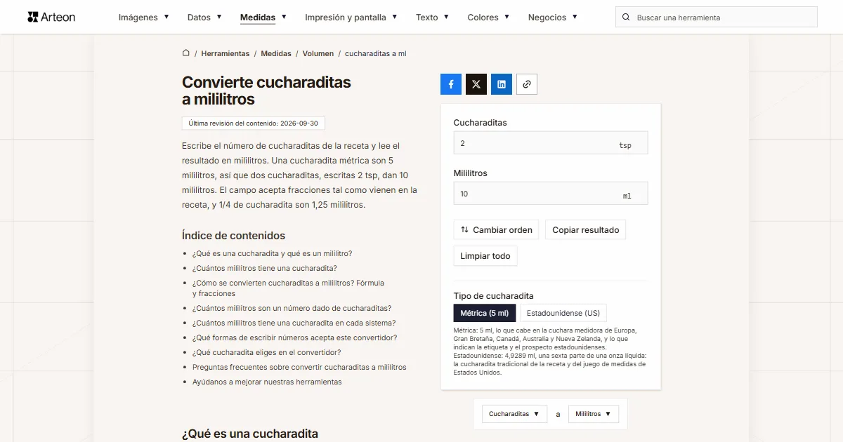 Captura de pantalla de la herramienta gratuita de Arteon: Convierte cucharaditas a mililitros