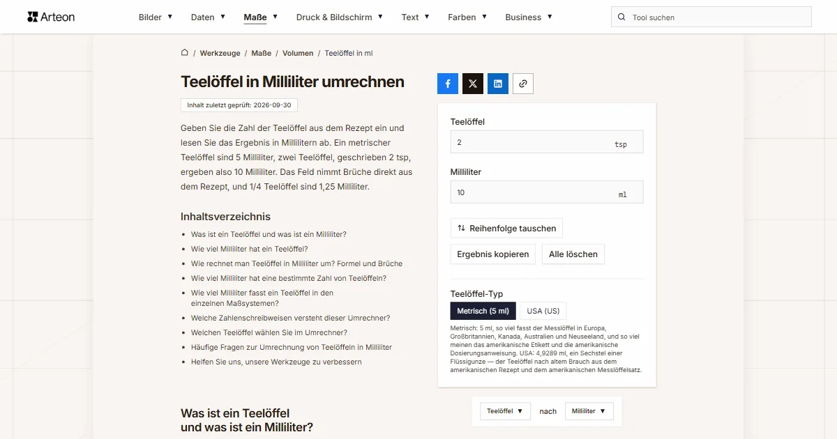 Screenshot des kostenlosen Arteon-Werkzeugs: Teelöffel in Milliliter umrechnen