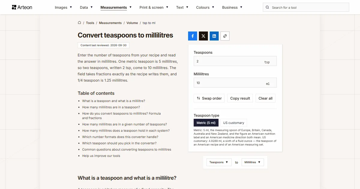 Arteon free tool screenshot: Convert teaspoons to millilitres