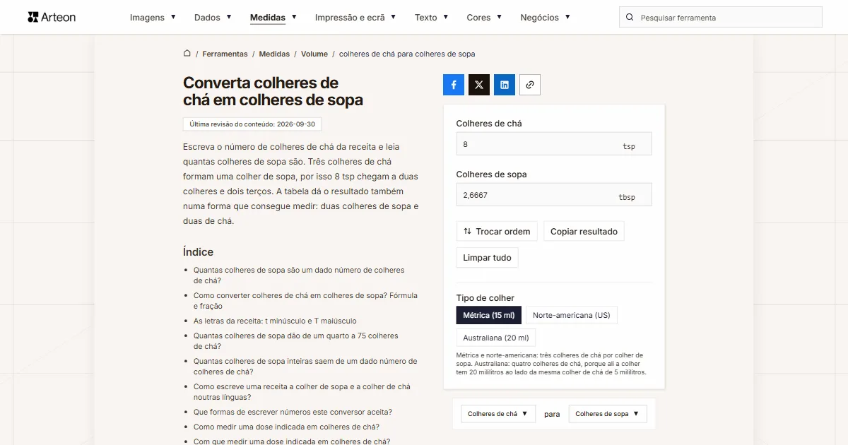 Captura de ecrã da ferramenta gratuita da Arteon: Converta colheres de chá em colheres de sopa