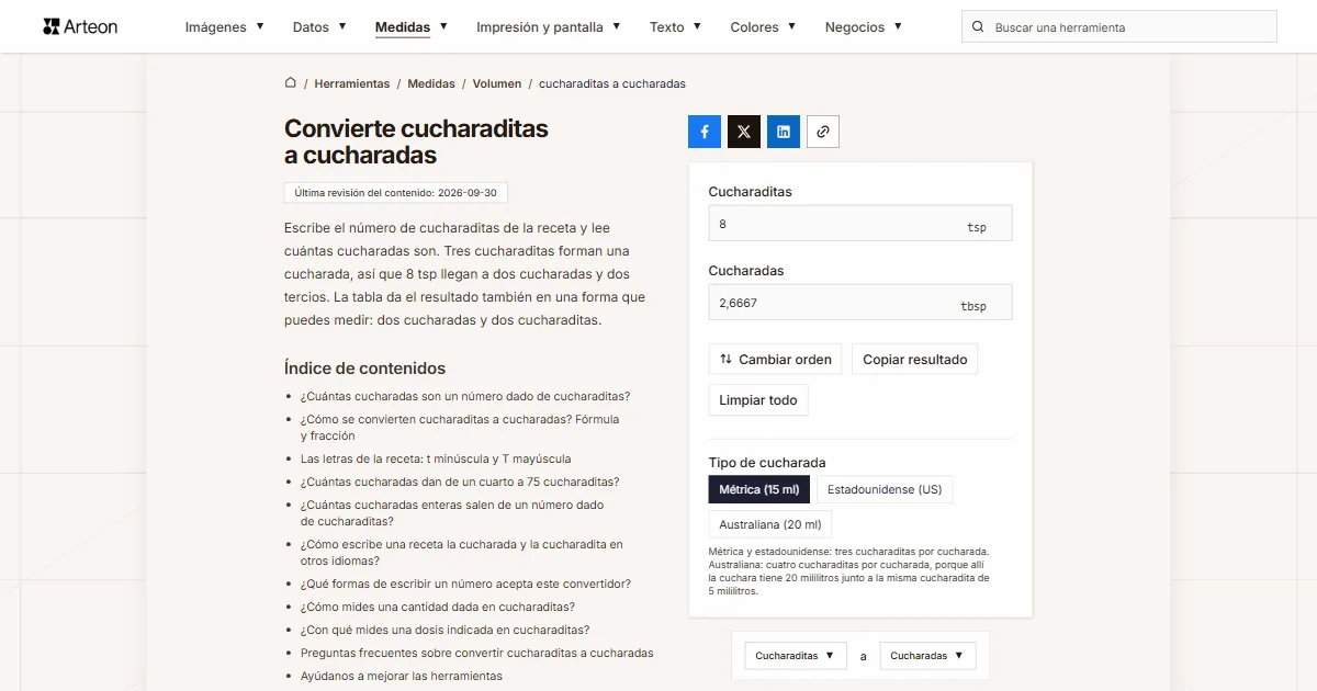 Captura de pantalla de la herramienta gratuita de Arteon: Convierte cucharaditas a cucharadas