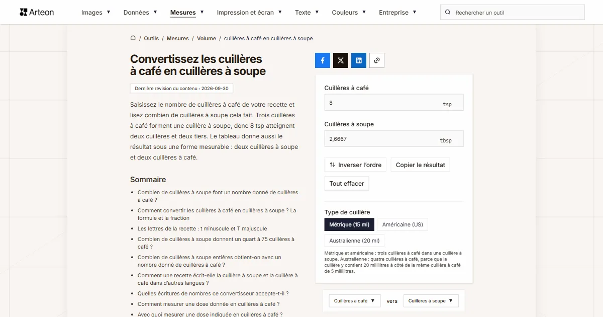 Capture d'écran de l'outil gratuit d'Arteon: Convertissez les cuillères à café en cuillères à soupe