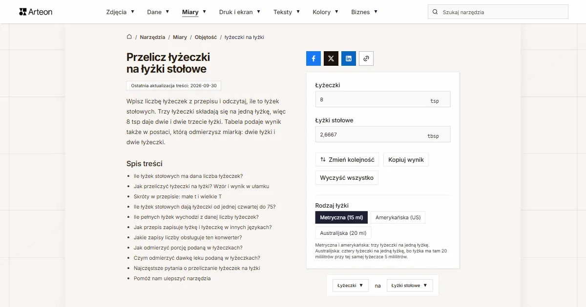 Zrzut ekranu darmowego narzędzia Arteon: Przelicz łyżeczki na łyżki stołowe