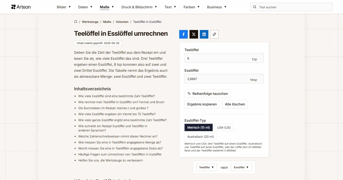 Screenshot des kostenlosen Arteon-Werkzeugs: Teelöffel in Esslöffel umrechnen