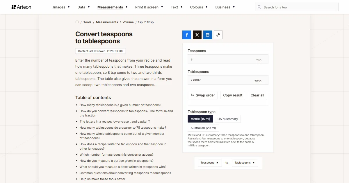 Arteon free tool screenshot: Convert teaspoons to tablespoons