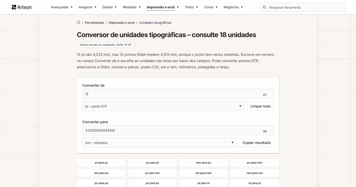 Captura de ecrã da ferramenta gratuita da Arteon: Conversor de unidades tipográficas – consulte 18 unidades