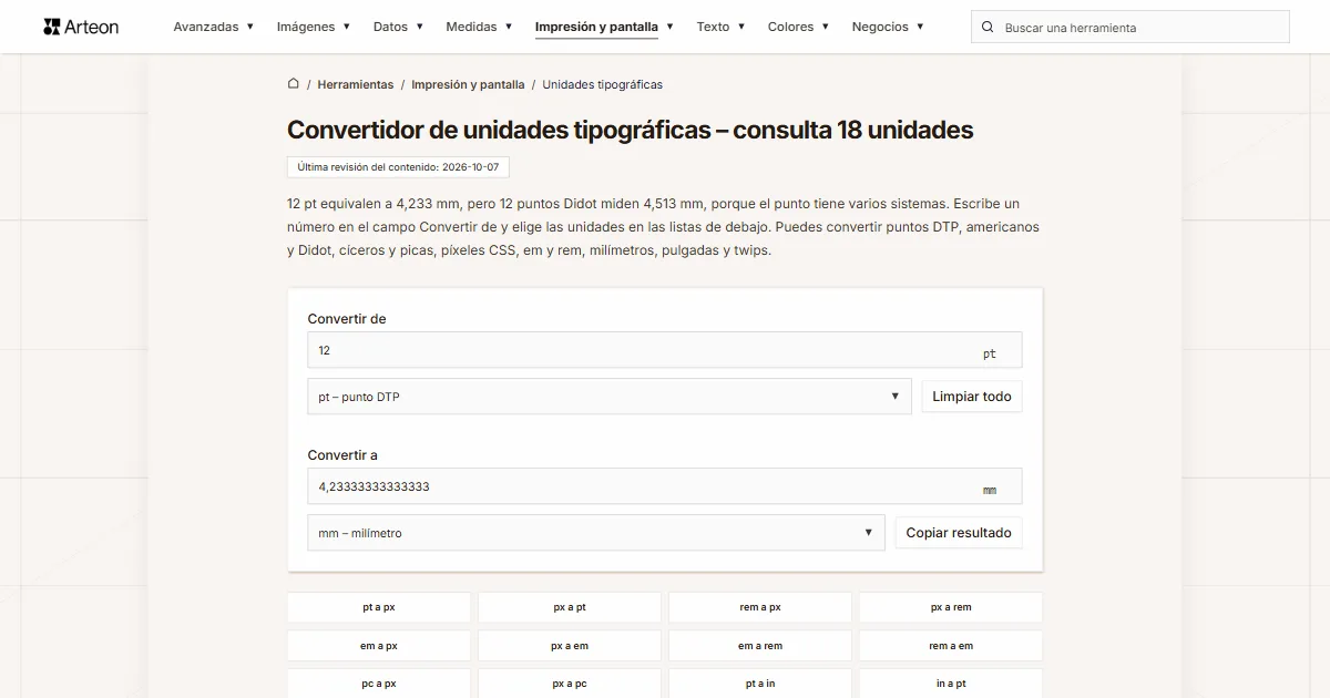 Captura de pantalla de la herramienta gratuita de Arteon: Convertidor de unidades tipográficas – consulta 18 unidades