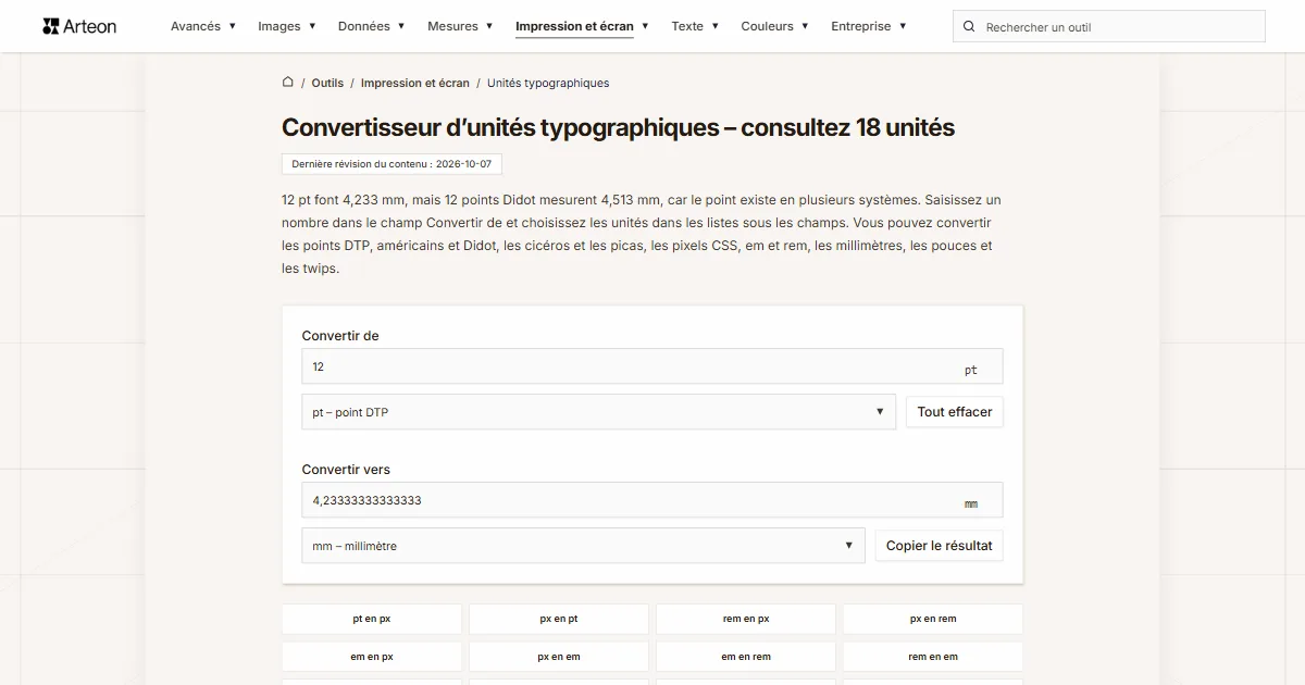 Capture d'écran de l'outil gratuit d'Arteon: Convertisseur d’unités typographiques – consultez 18 unités
