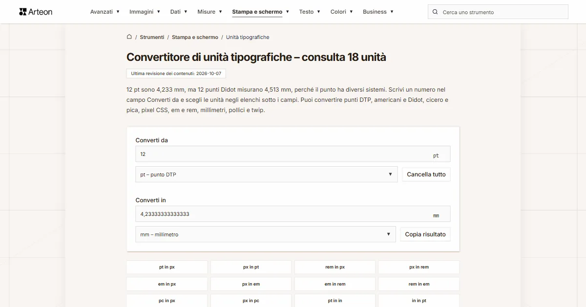 Screenshot dello strumento gratuito Arteon: Convertitore di unità tipografiche – consulta 18 unità