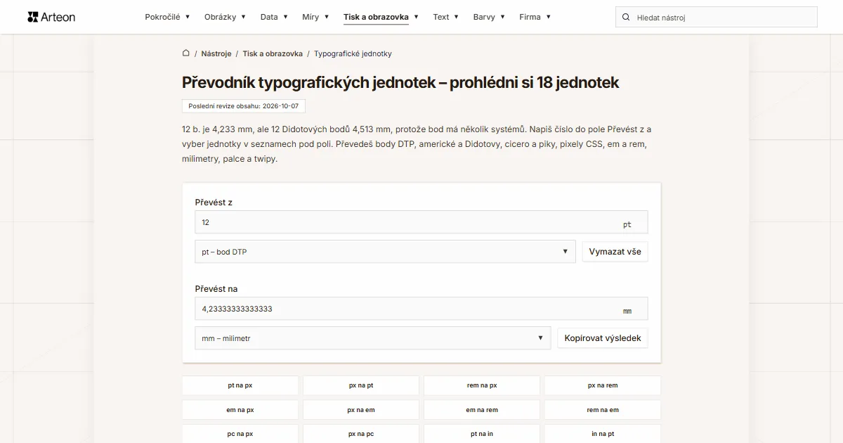 Snímek obrazovky bezplatného nástroje Arteon: Převodník typografických jednotek – prohlédni si 18 jednotek
