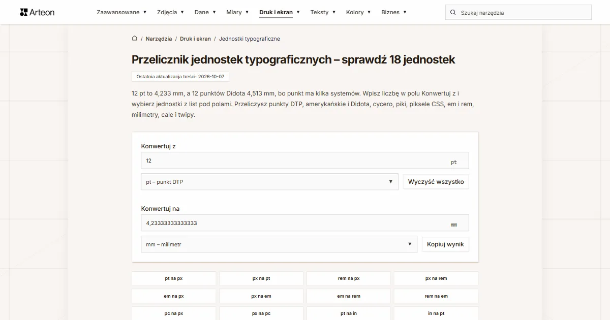 Zrzut ekranu darmowego narzędzia Arteon: Przelicznik jednostek typograficznych – sprawdź 18 jednostek