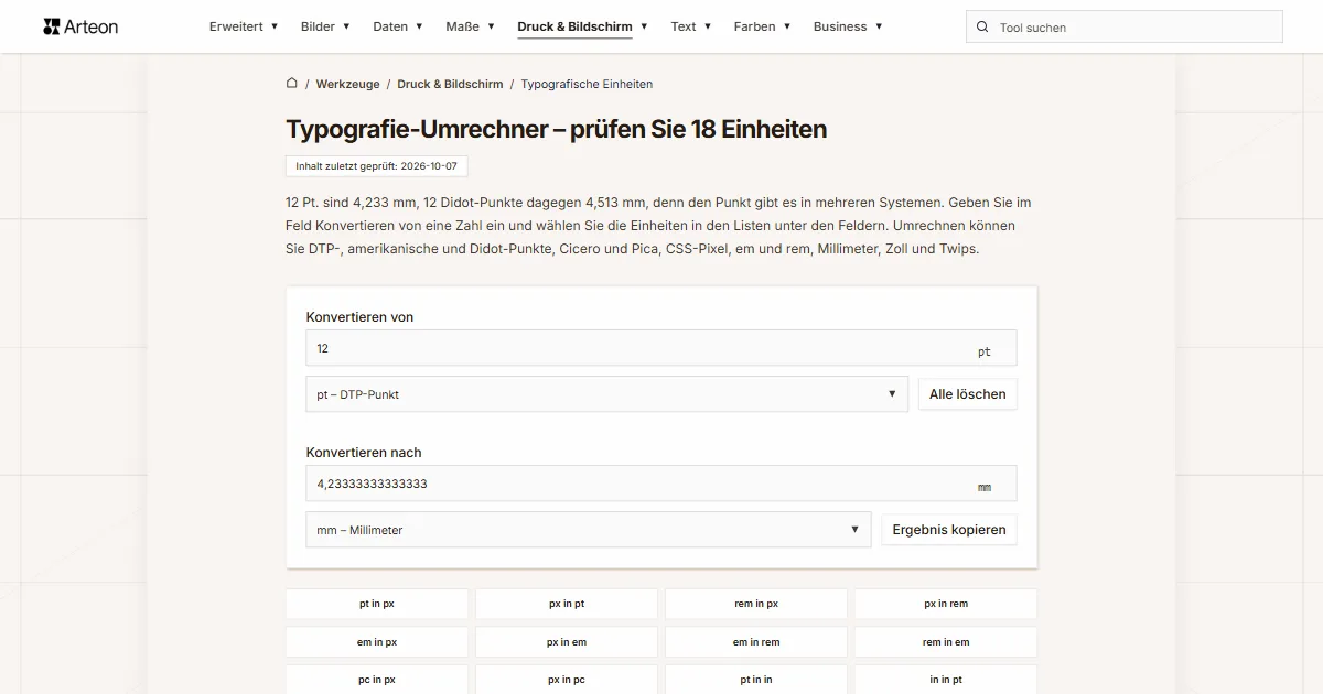Screenshot des kostenlosen Arteon-Werkzeugs: Typografie-Umrechner – prüfen Sie 18 Einheiten