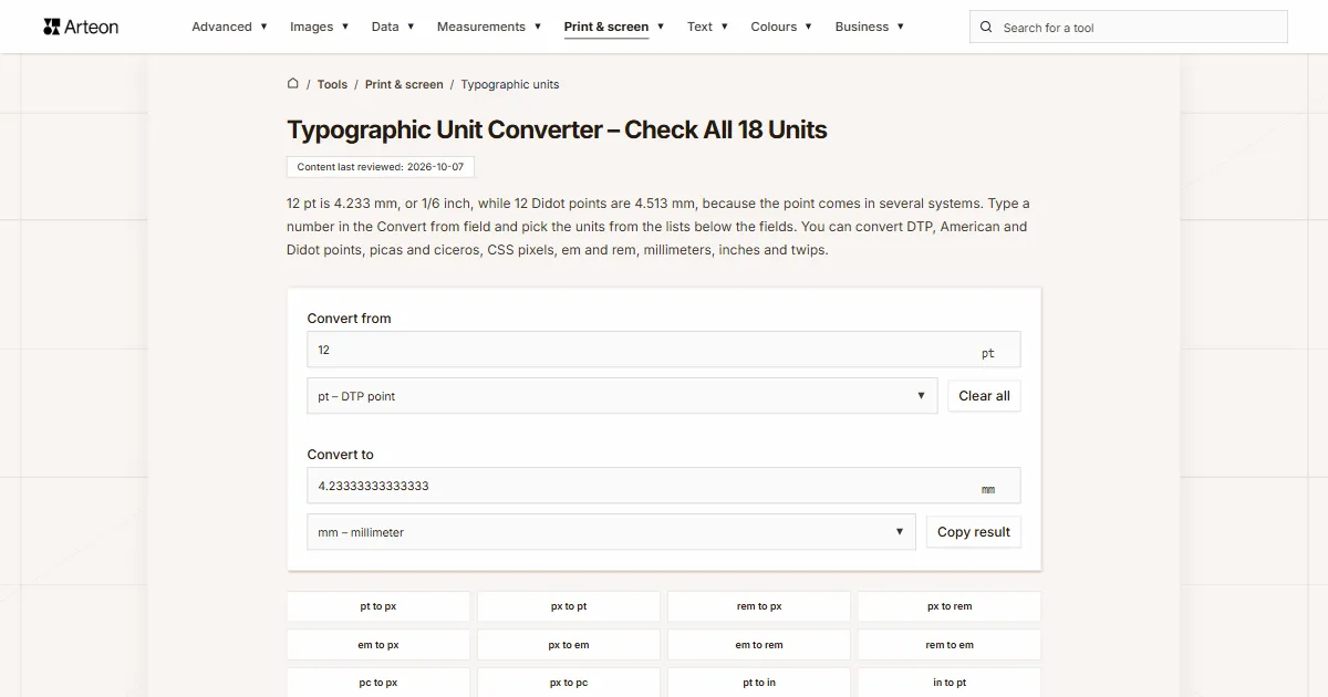 Arteon free tool screenshot: Typographic Unit Converter – Check All 18 Units