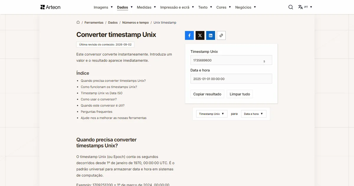 Captura de ecrã da ferramenta gratuita da Arteon: Unix para data