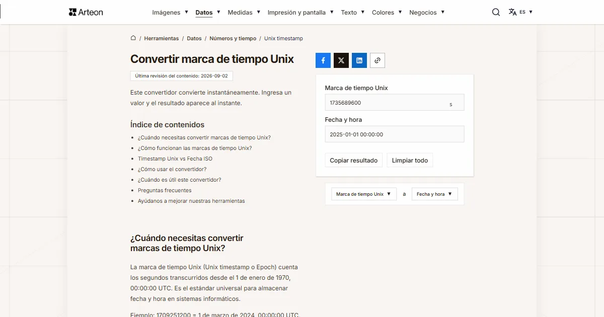 Captura de pantalla de la herramienta gratuita de Arteon: Unix a fecha