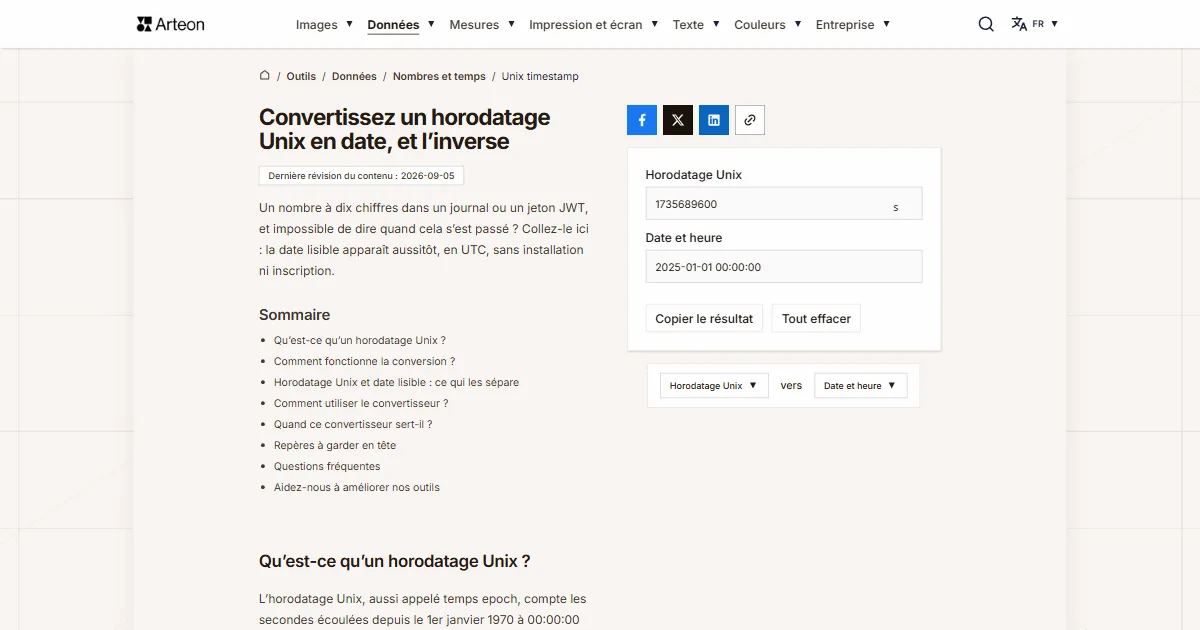 Capture d'écran de l'outil gratuit d'Arteon: Unix en date