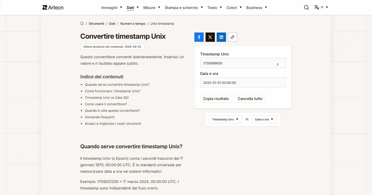 Screenshot dello strumento gratuito Arteon: Unix in data