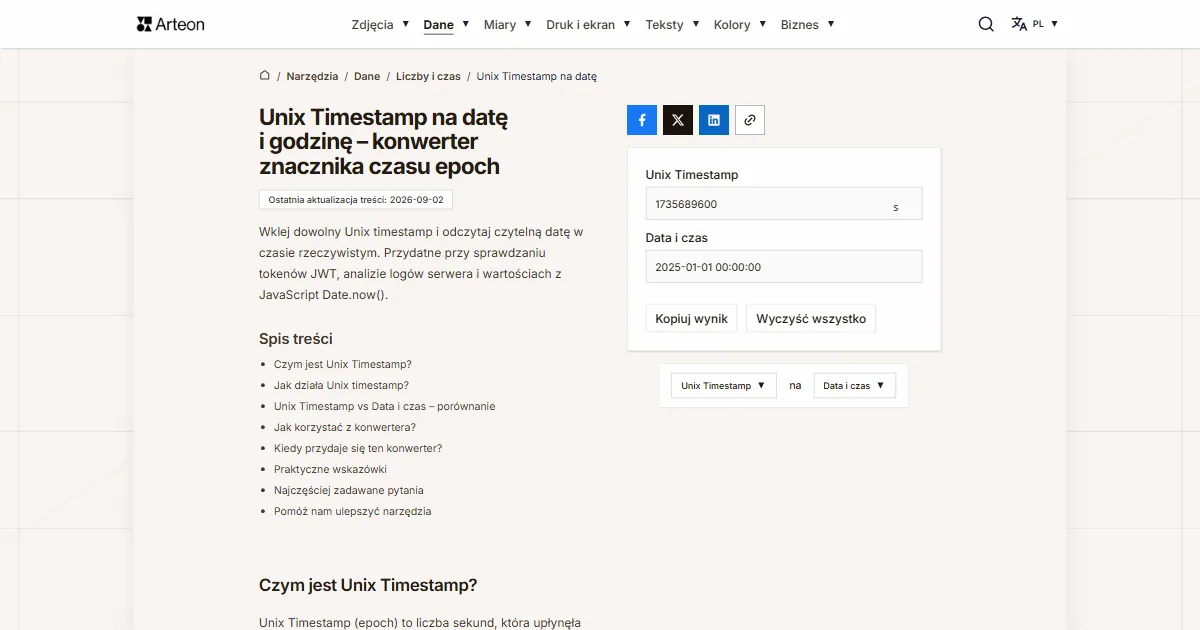 Zrzut ekranu darmowego narzędzia Arteon: Unix na datę