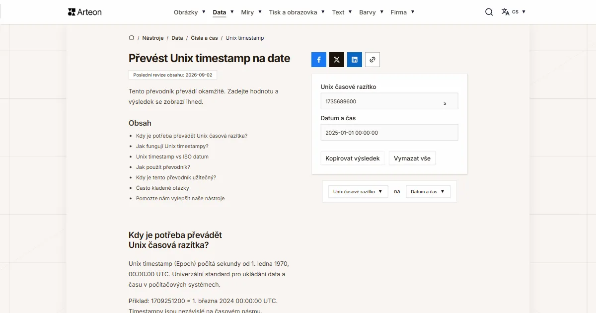 Snímek obrazovky bezplatného nástroje Arteon: Unix na datum