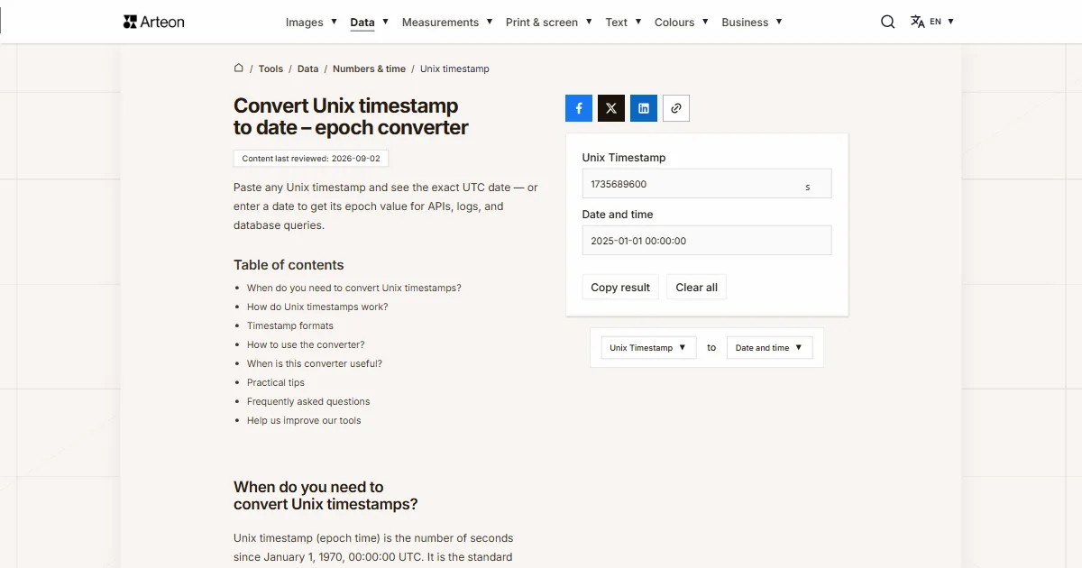 Arteon free tool screenshot: Convert Unix timestamp to date – epoch converter