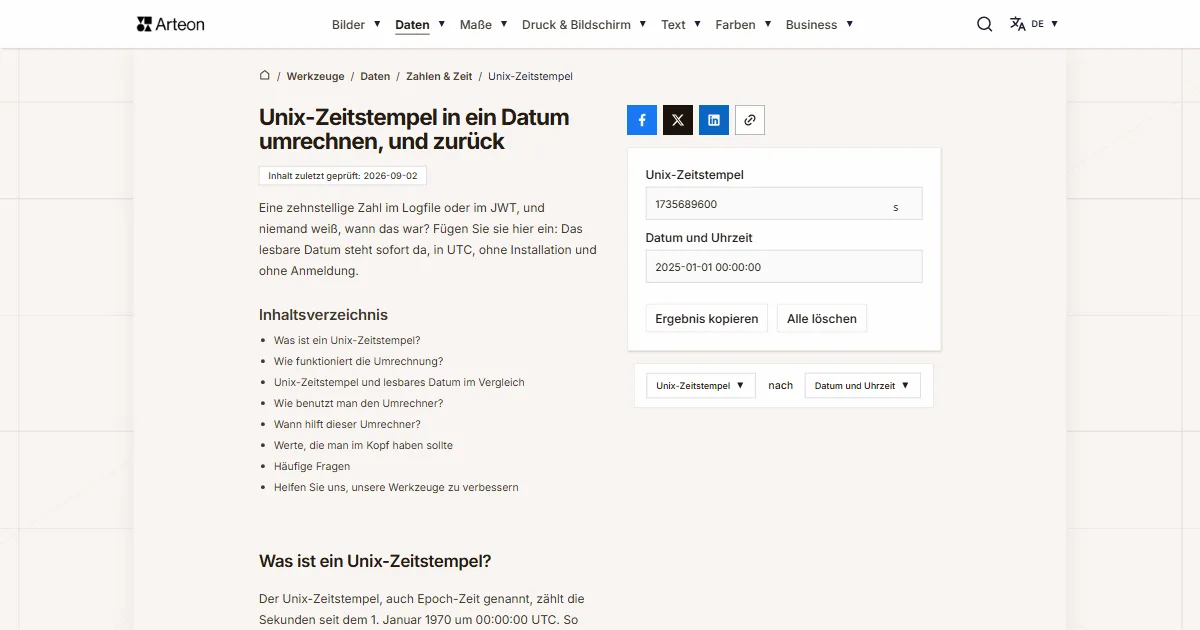 Screenshot des kostenlosen Arteon-Werkzeugs: Unix in Datum