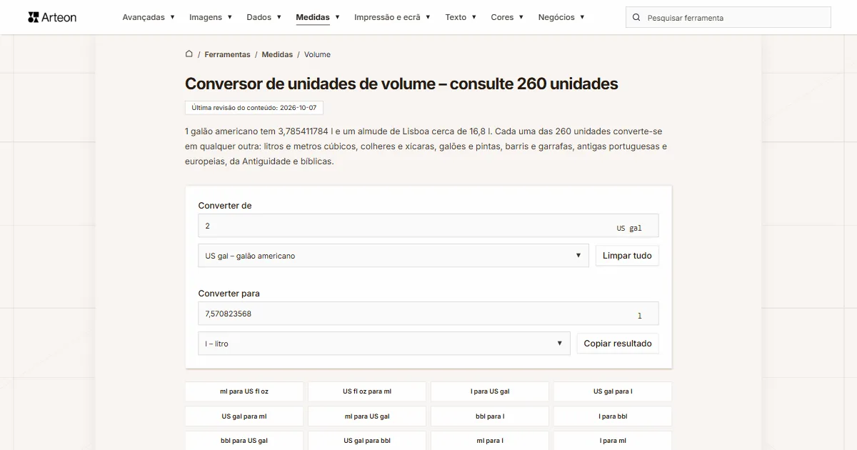 Captura de ecrã da ferramenta gratuita da Arteon: Conversor de unidades de volume – consulte 260 unidades