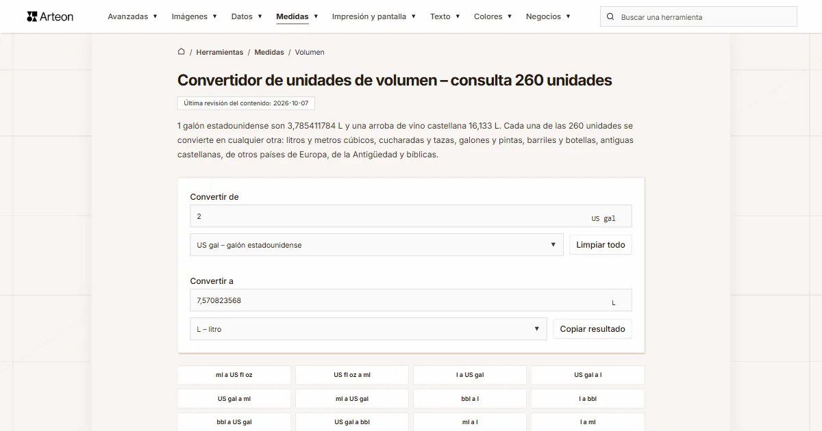Captura de pantalla de la herramienta gratuita de Arteon: Convertidor de unidades de volumen – consulta 260 unidades