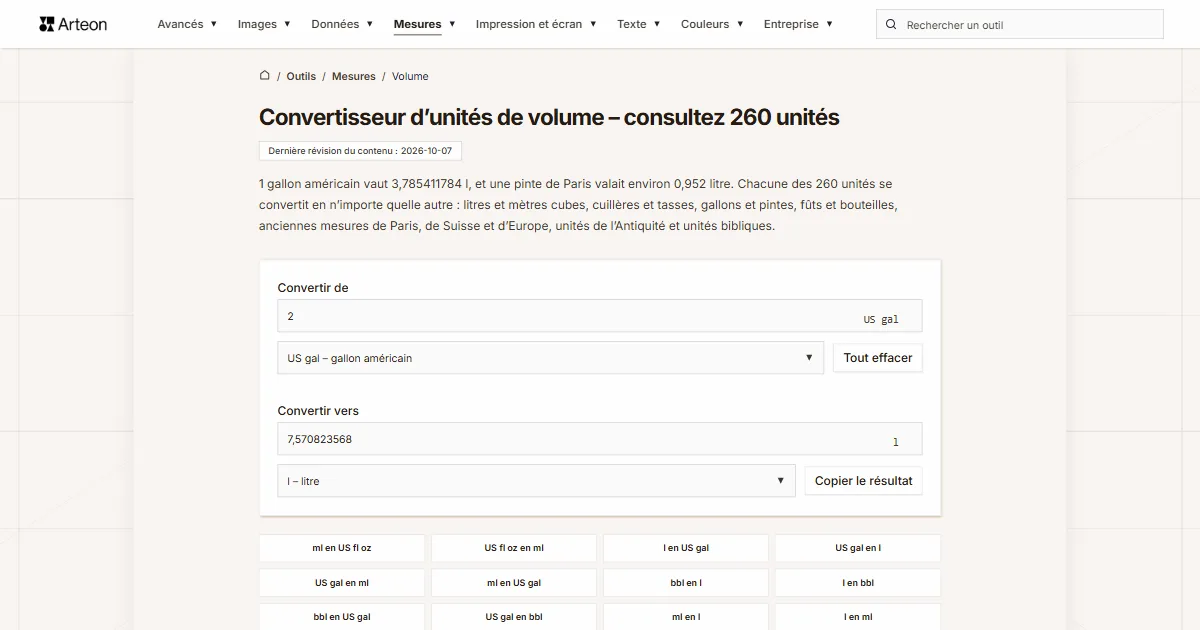 Capture d'écran de l'outil gratuit d'Arteon: Convertisseur d’unités de volume – consultez 260 unités