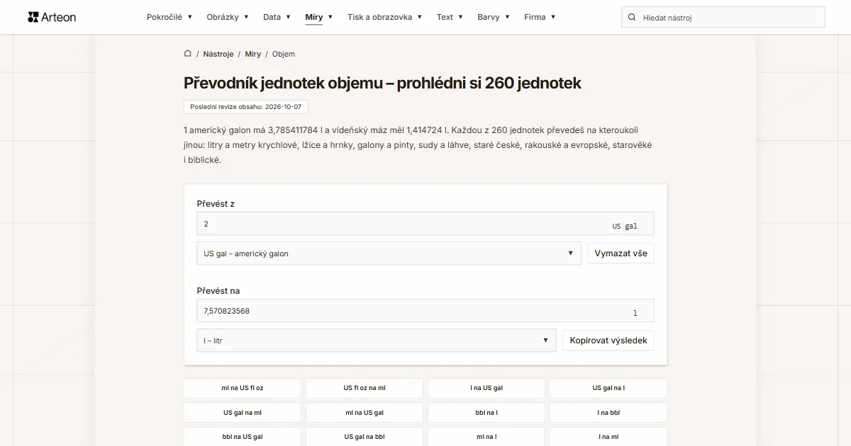 Snímek obrazovky bezplatného nástroje Arteon: Převodník jednotek objemu – prohlédni si 260 jednotek