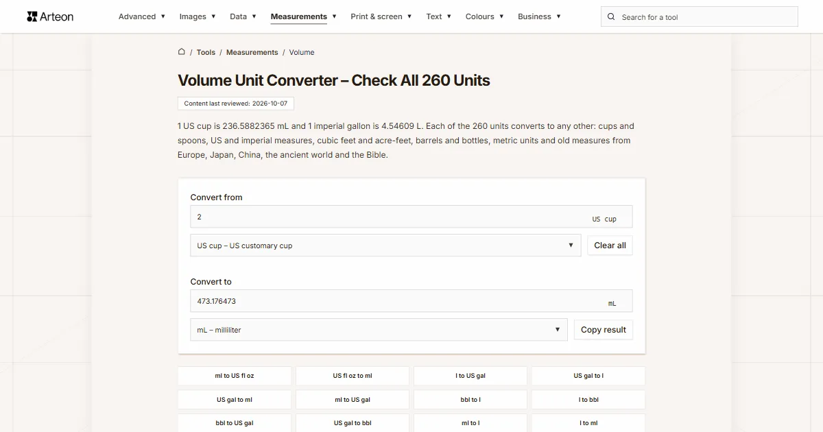 Arteon free tool screenshot: Volume Unit Converter – Check All 260 Units