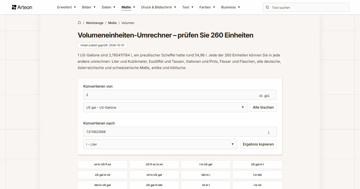 Screenshot des kostenlosen Arteon-Werkzeugs: Volumeneinheiten-Umrechner – prüfen Sie 260 Einheiten